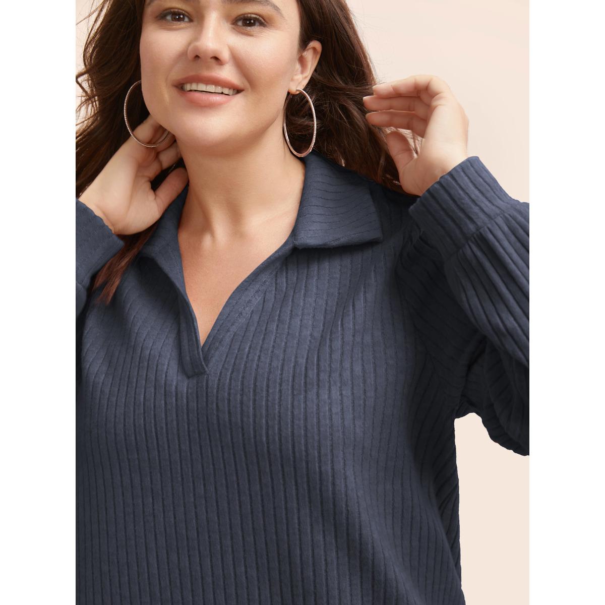 Plus Size Solid Pit Strip Stretch Sweatshirt Women Indigo Leisure Texture V-neck Casual Sweatshirts BloomChic 30/6X Product Image