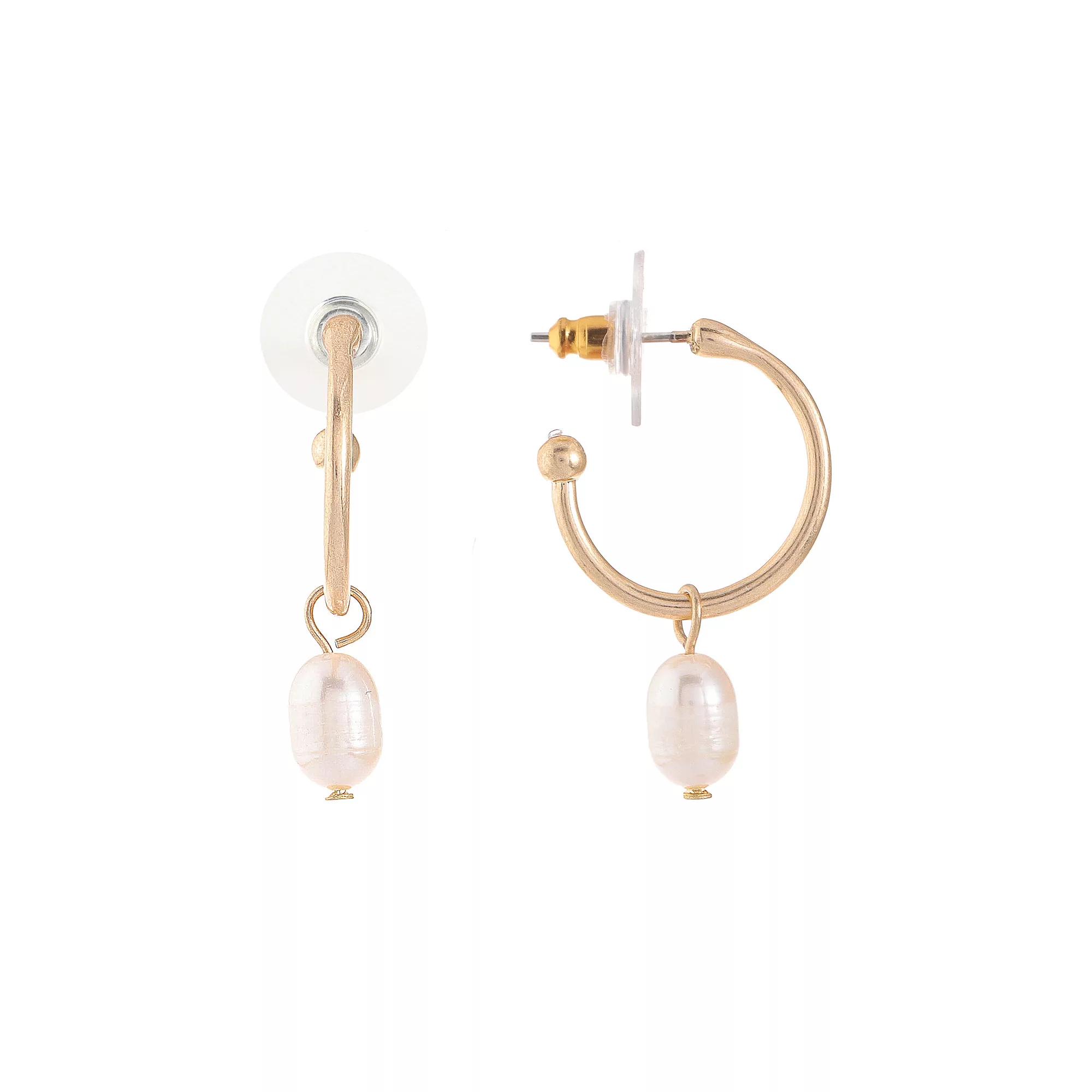 Bella Uno Worn Gold Freshwater Pearl Charm Hoop Earrings, Women's, Gold Tone Product Image