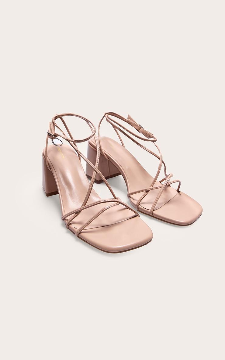 Nude Pu Round Toe Strappy Mid Block Heeled Sandals Product Image