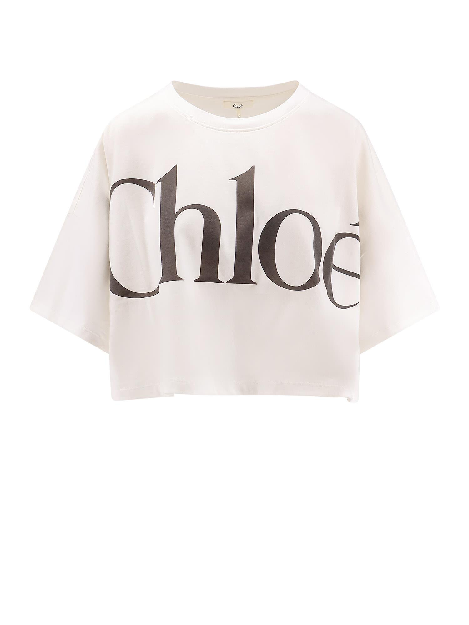 CHLOÉ White Cropped Crewneck T-shirt With Maxi Logo Print On The Front In Cotton Woman In Multicolor Product Image