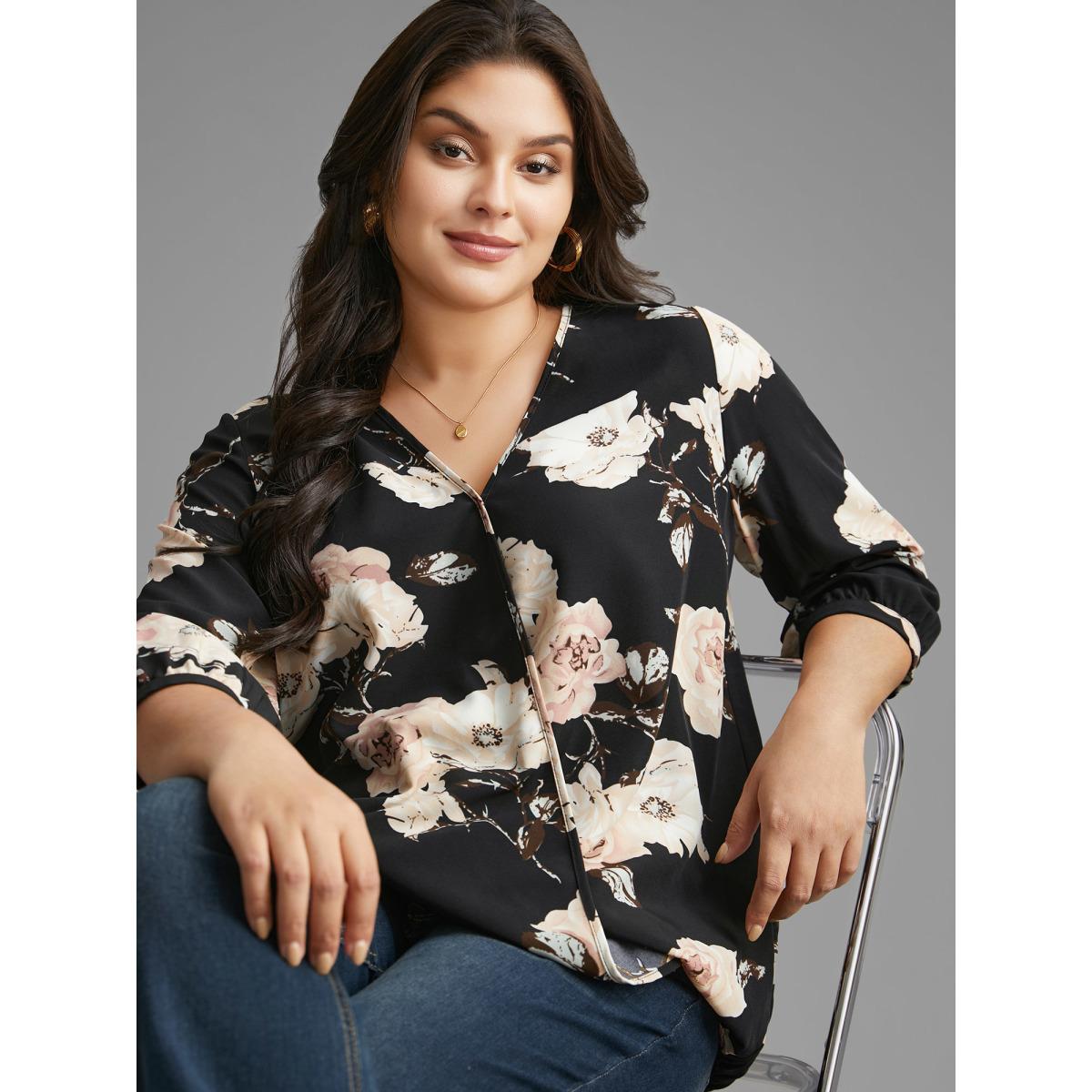 Plus Size Black Overlap Collar Floral Print Blouse Women Elegant Elbow-length sleeve Overlap Collar Everyday Blouses BloomChic 30/6X Product Image