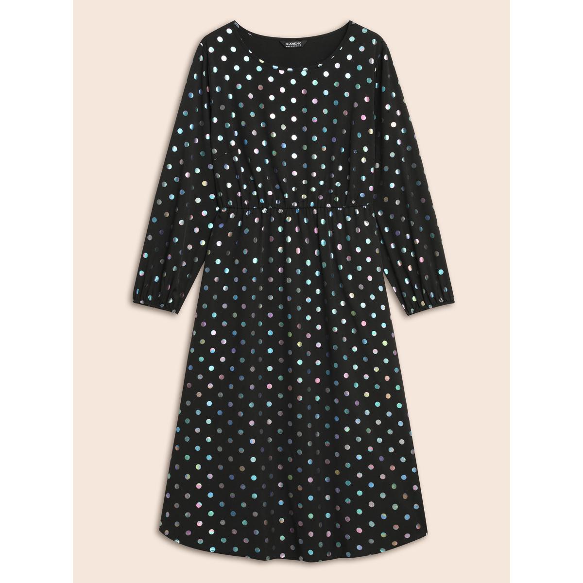 Plus Size Glitter Polka Dot Lantern Sleeve Dress Black Women Cocktail Texture Party Curvy Bloomchic 12/L Product Image