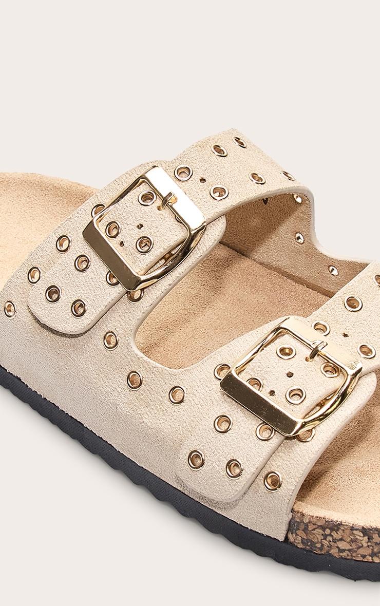 Beige Faux Suede Double Buckle Eyelet Footbed Sandals Product Image