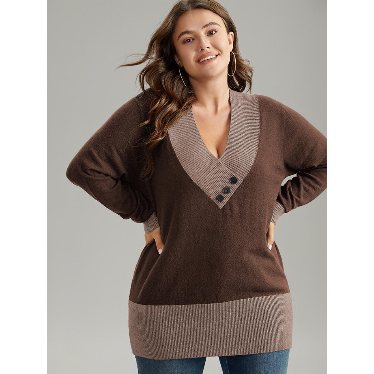 Plus Size Supersoft Essentials Contrast Deep V Neck Button Detail Pullover DarkBrown Women Casual Long Sleeve Deep V-neck Everyday Pullovers BloomChic 14-16/1X Product Image