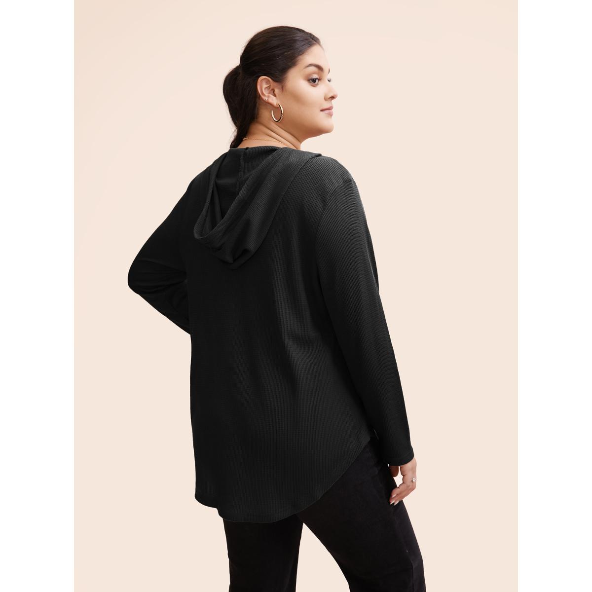 Plus Size Waffle Knit Pocket Hooded Drawstring Arc Hem T-shirt Black Women Casual Texture Plain Hooded Everyday T-shirts BloomChic 14-16/1X Product Image