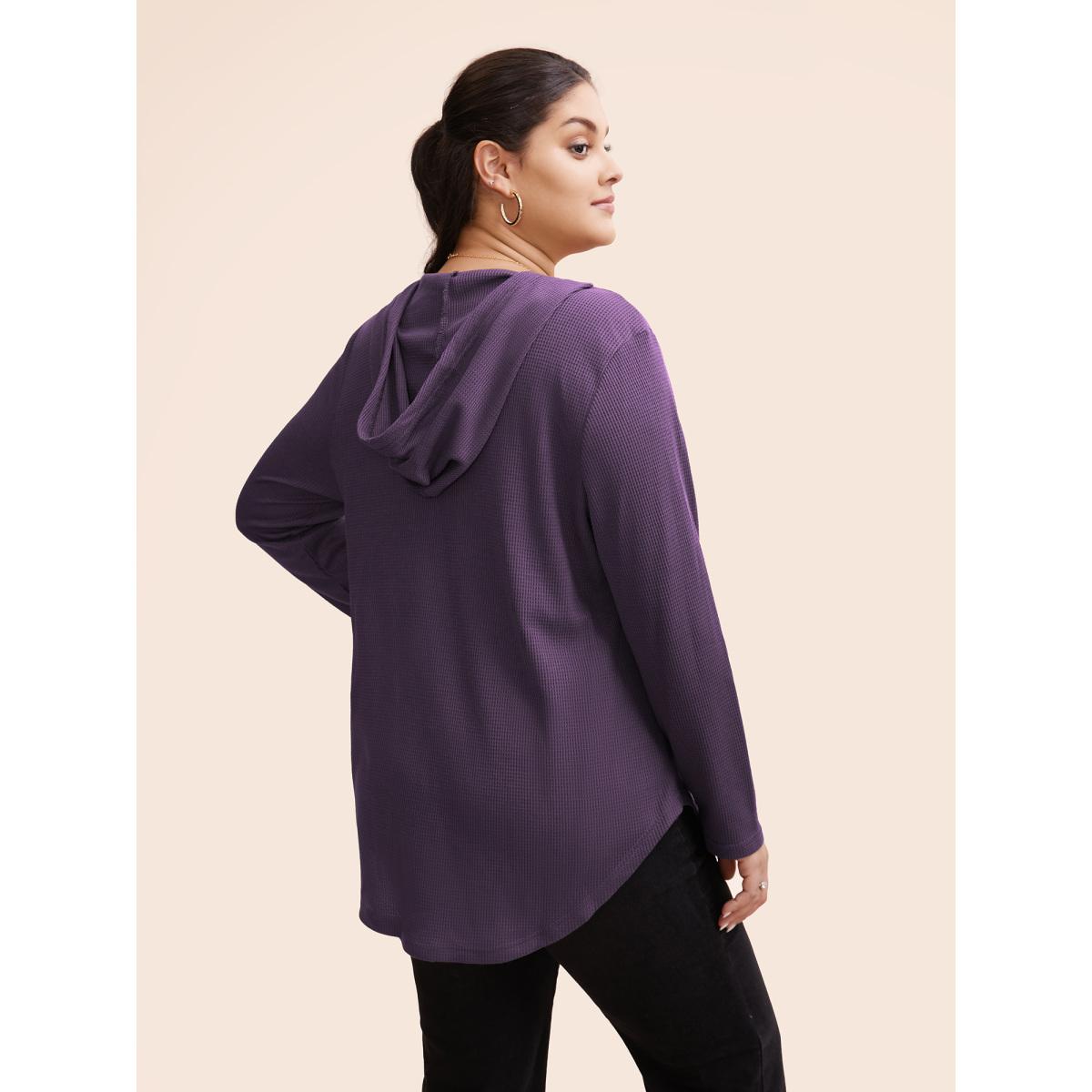 Plus Size Waffle Knit Pocket Hooded Drawstring Arc Hem T-shirt Purple Women Casual Texture Plain Hooded Everyday T-shirts BloomChic 22-24/3X Product Image