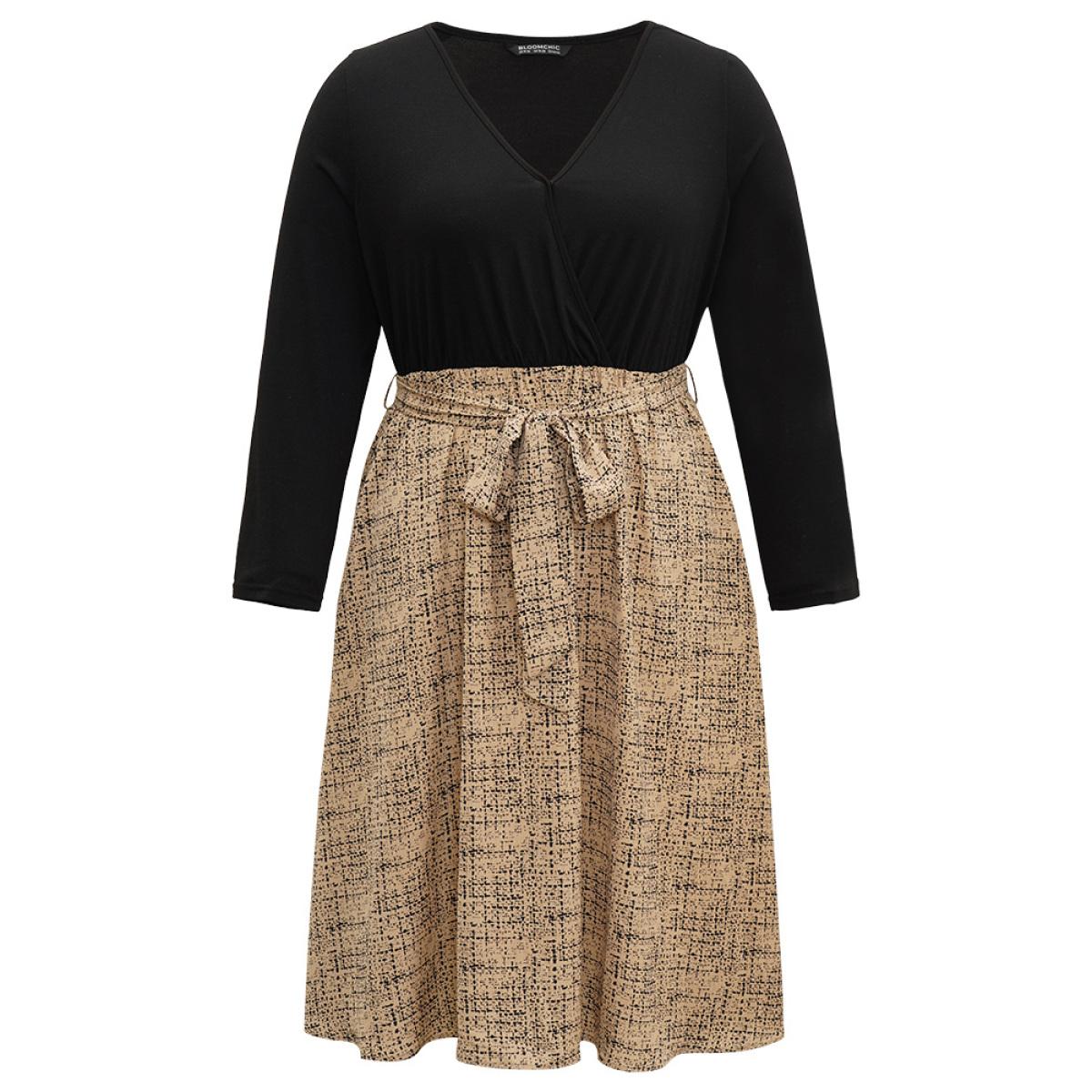 Plus Size Patchwork Pocket Belted Long Sleeve Dress Tan Women Elegant Belted V-neck Long Sleeve Curvy Midi Dress BloomChic 22-24/3X Product Image