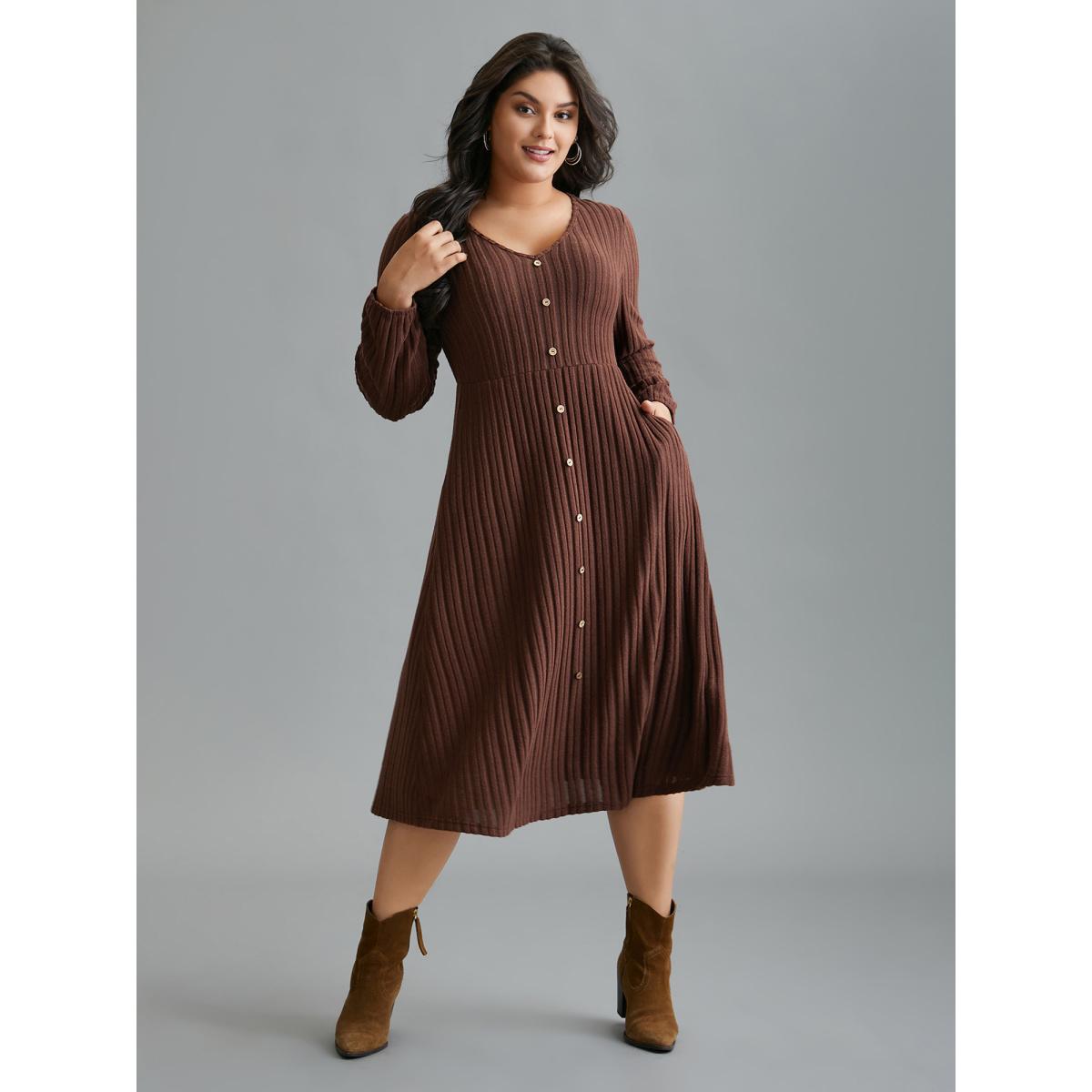 Plus Size Stretchy Waist Defining Knit Midi Dress Rust Women Casual Texture Knit Dresses Bloomchic 18-20/2X Product Image