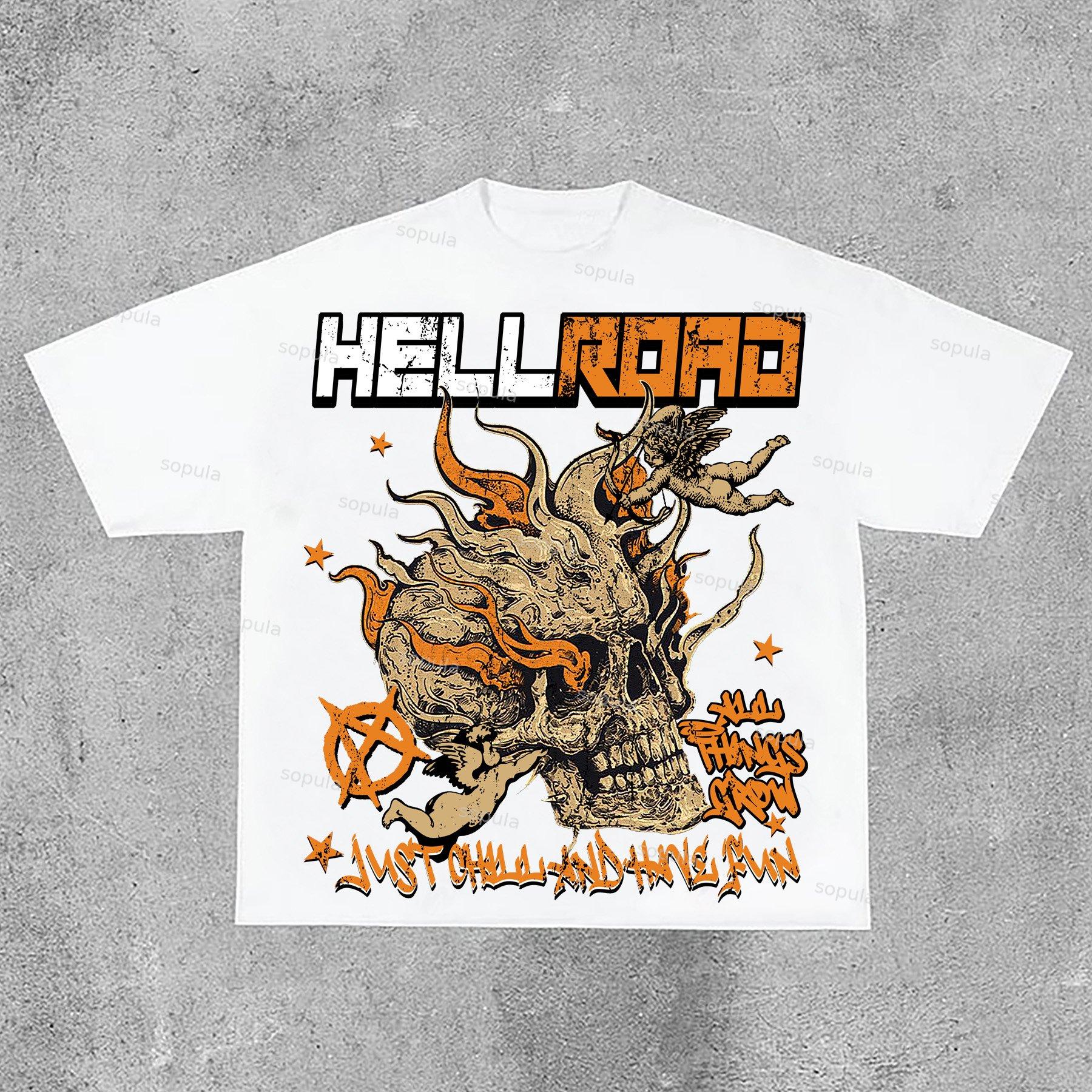 Sopula Hell Road Flame Skull Angel Print Cotton T-Shirt Product Image