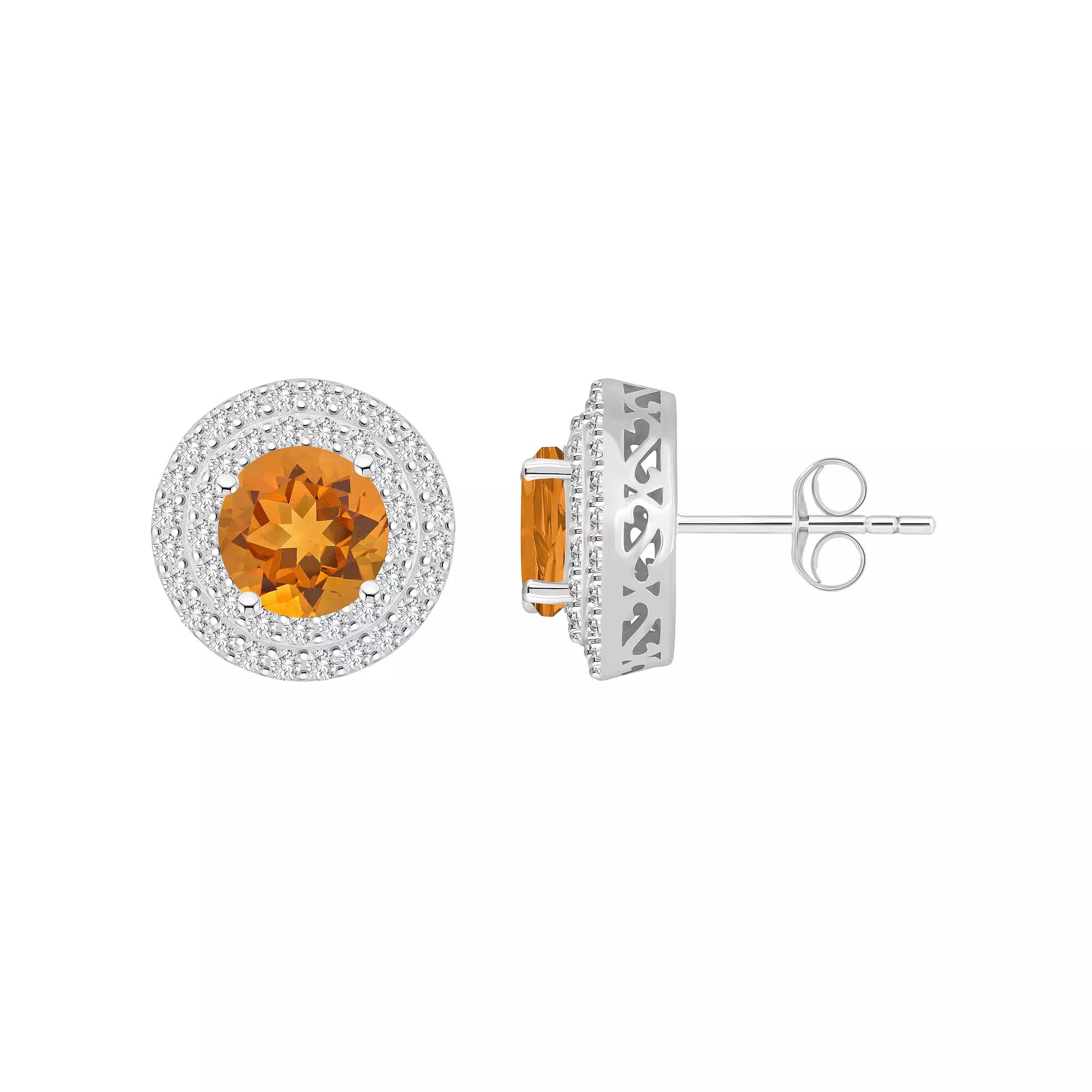 Celebration Gems Sterling Silver Round-Cut Citrine & White Topaz Double Halo Stud Earrings, Women's Product Image