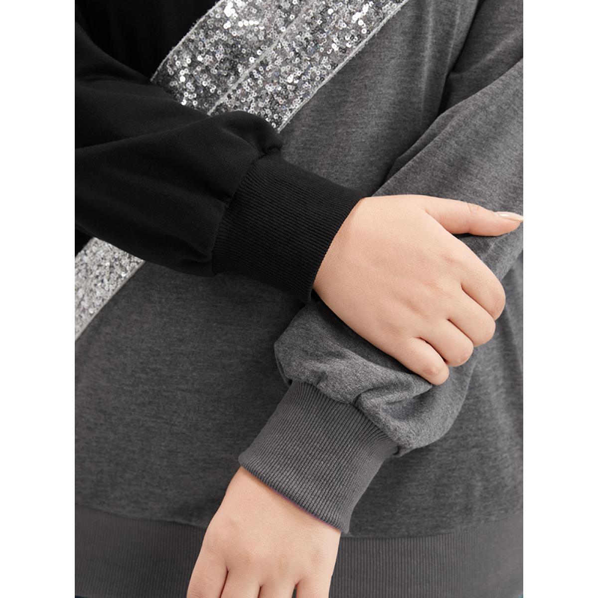 Plus Size Colorblock Contrast Sequin Drop Shoulder Sweatshirt Women DimGray Casual Contrast Round Neck Dailywear Sweatshirts BloomChic 28/5X Product Image