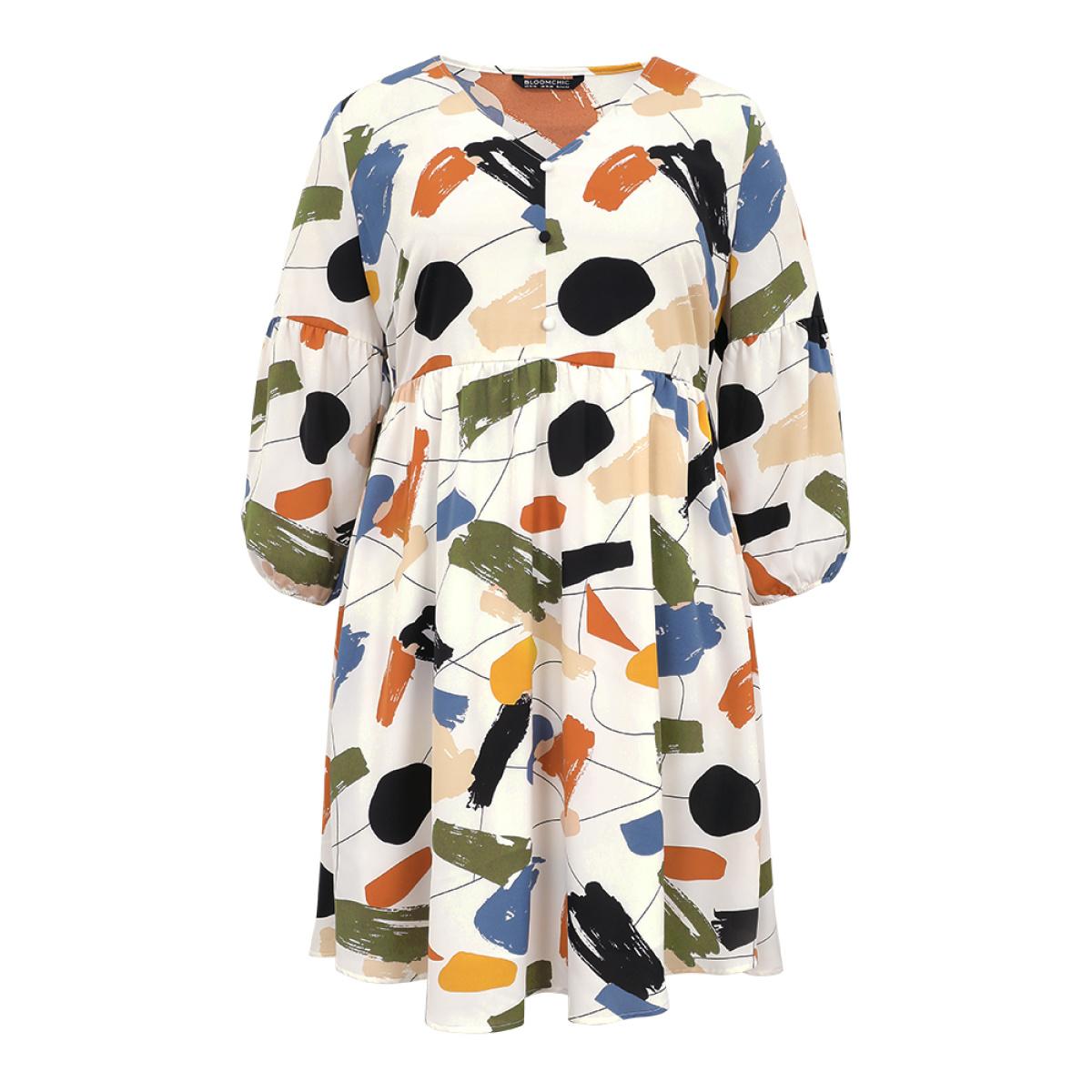 Plus Size Colored Brush Print Pocket Button Detail Dress Ivory Women At the Office Elastic cuffs V-neck Long Sleeve Curvy Midi Dress BloomChic 10/M Product Image