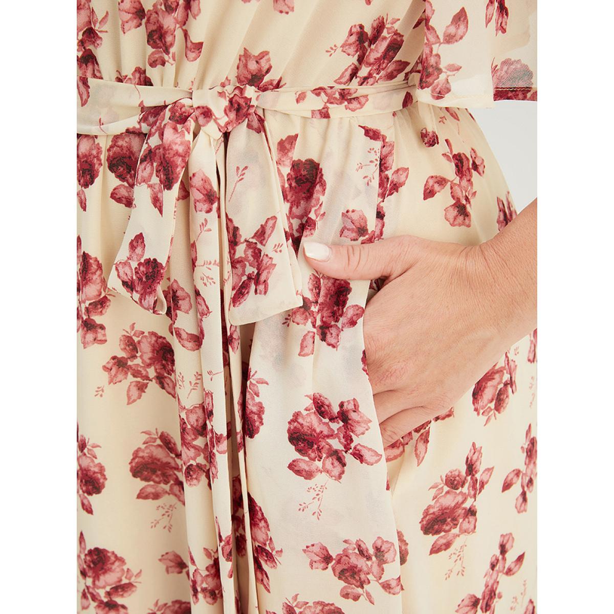 Plus Size Floral Print Pearl Beaded Pocket Belt Ruffle Hem Dress DustyPink Women Elegant Lined V-neck Short sleeve Curvy Midi Dress BloomChic 12/L Product Image