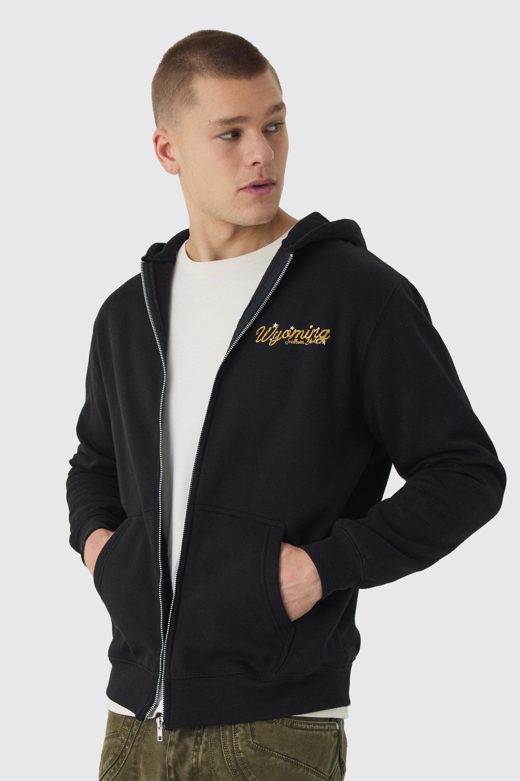 Regular Fit Over Seams Wyoming Western Graphic Zip Through Hoodie | boohooMAN USA Product Image