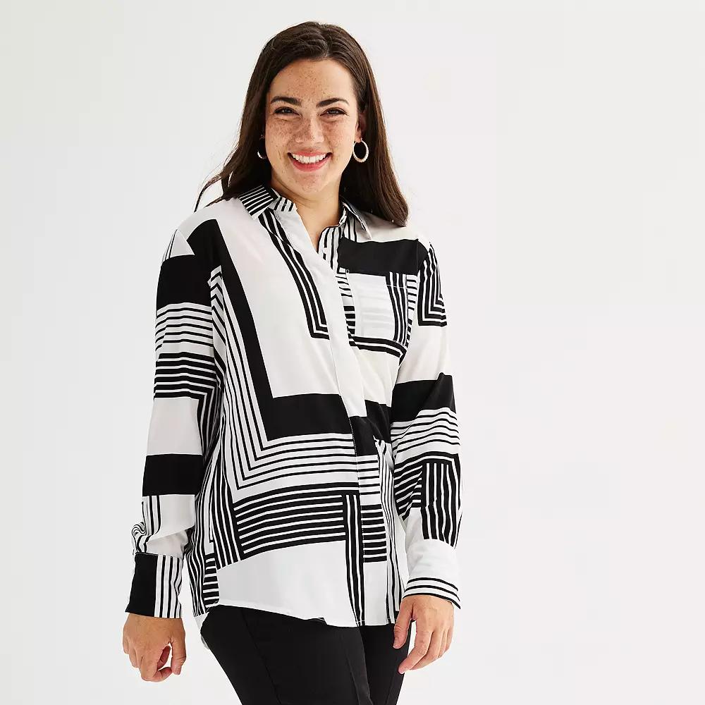 Women's Nine West Adaptive Drapey Satin Magnetic Closure Long Sleeve Shirt, Size: Medium, Linework Geo Product Image