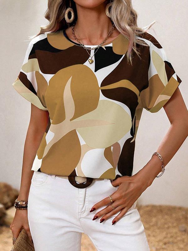 Loose Short Sleeves Contrast Color Hollow Printed Split-Joint Round-neck T-Shirts Tops Product Image