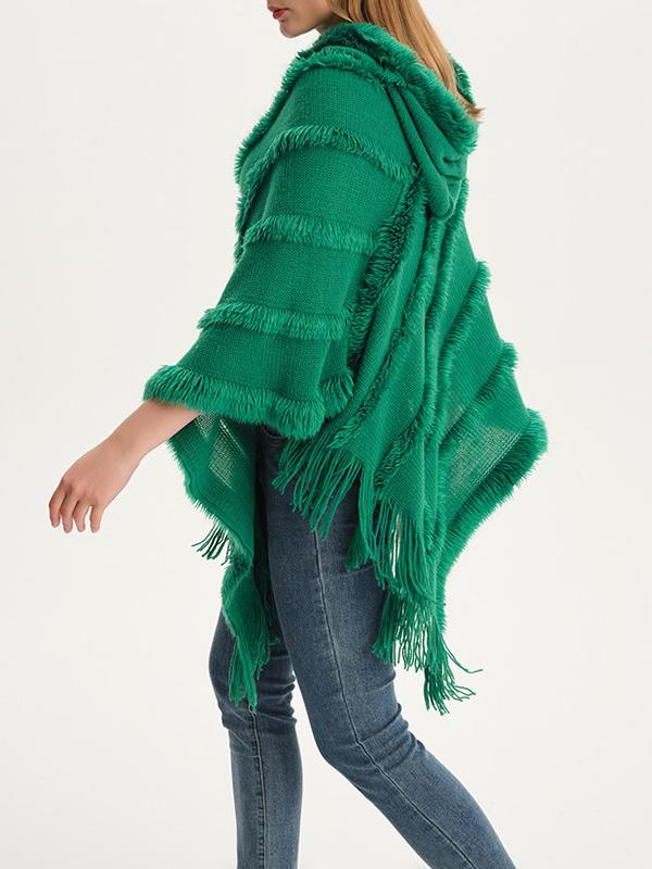 Hooded Keep Warm Solid Color Tasseled Cape Shawl&Cloak Product Image