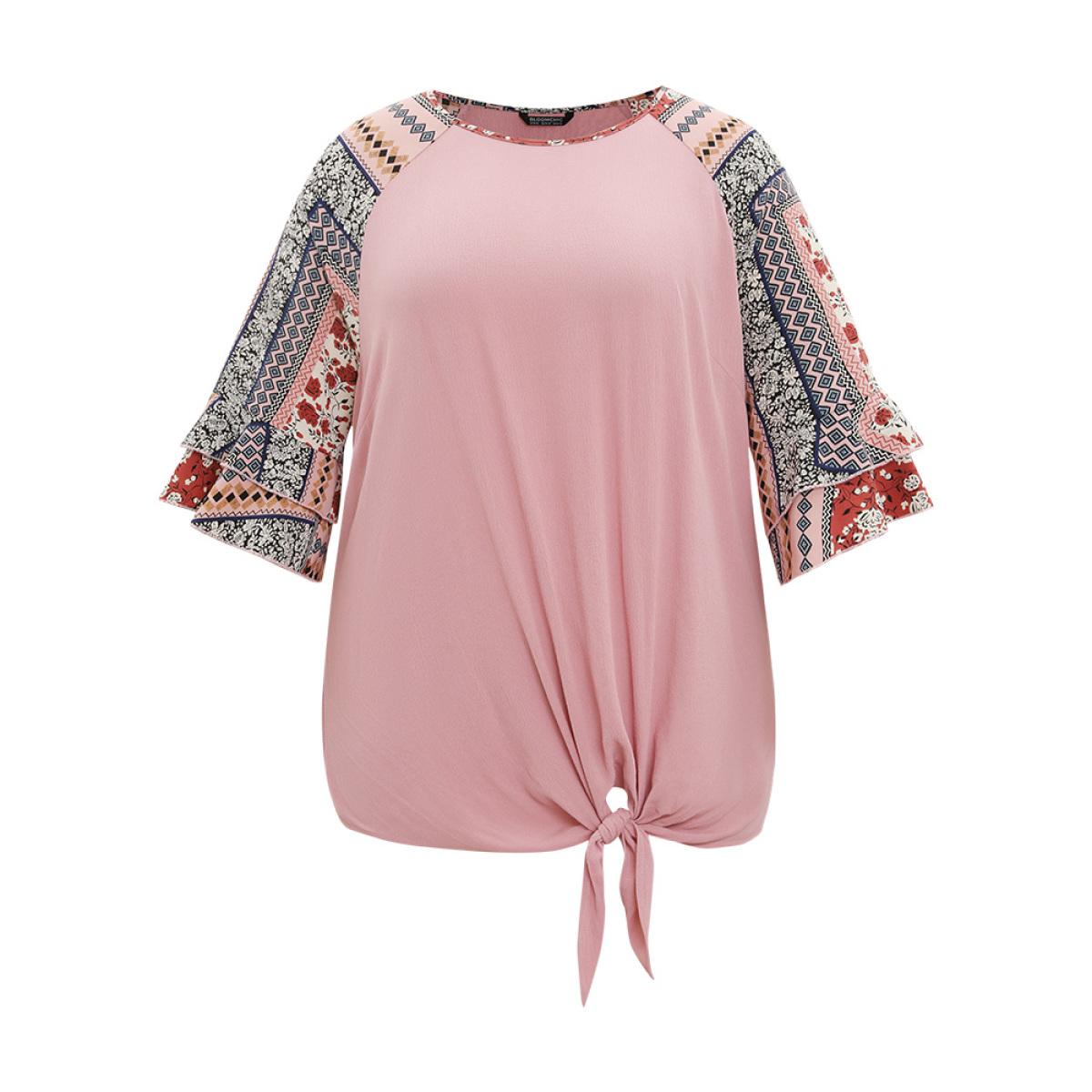 Plus Size DustyPink Bandana Patchwork Knotted Bell Sleeve Blouse Women Elegant Elbow-length sleeve Round Neck Dailywear Blouses BloomChic 30/6X Product Image