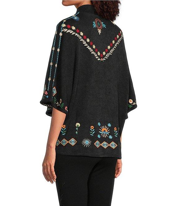 JOHNNY WAS Josiy Embroidered Rib Knit V-Neck 3/4 Sleeve Snap-Front Poncho Jacket Product Image
