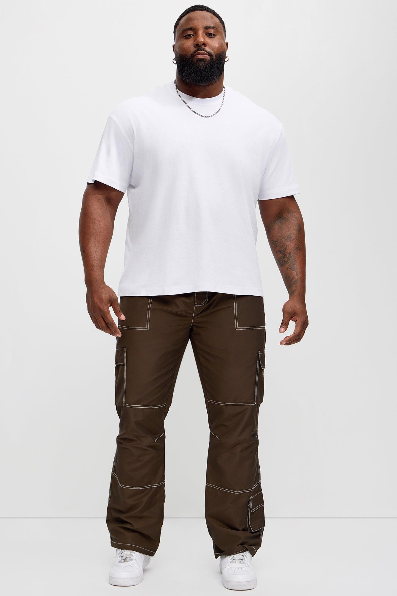 Contrast Stitch Nylon Flared Cargo Pants - Brown Product Image