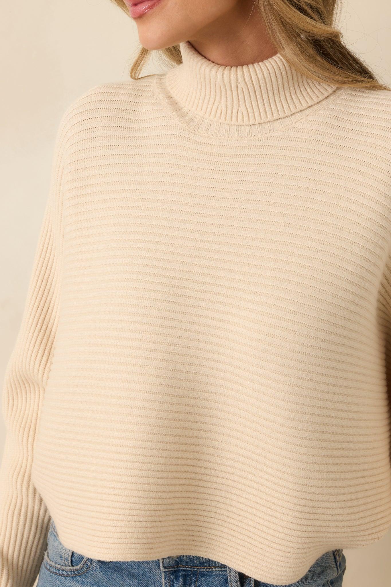 Polished Path Beige Ribbed Batwing Cropped Turtleneck Sweater Product Image