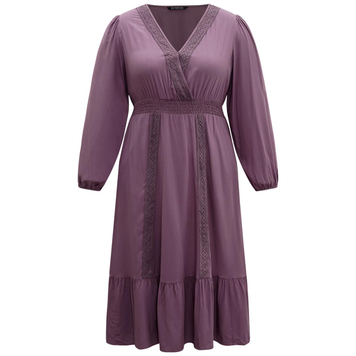 Plus Size Solid Eyelet Lace Shirred Wrap Flutter Hem Dress Mauve Women Elegant Elastic cuffs V-neck Long Sleeve Curvy Midi Dress BloomChic 22-24/3X Product Image