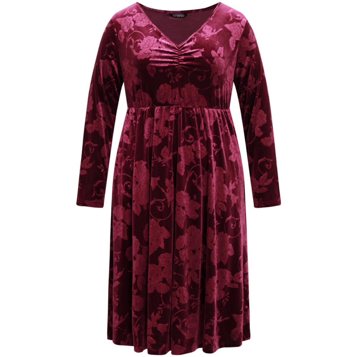 Plus Size Velvet Jacquard Elastic Waist Ruched Dress Scarlet Women Elegant Velvet V-neck Long Sleeve Curvy Midi Dress BloomChic 26/4X Product Image