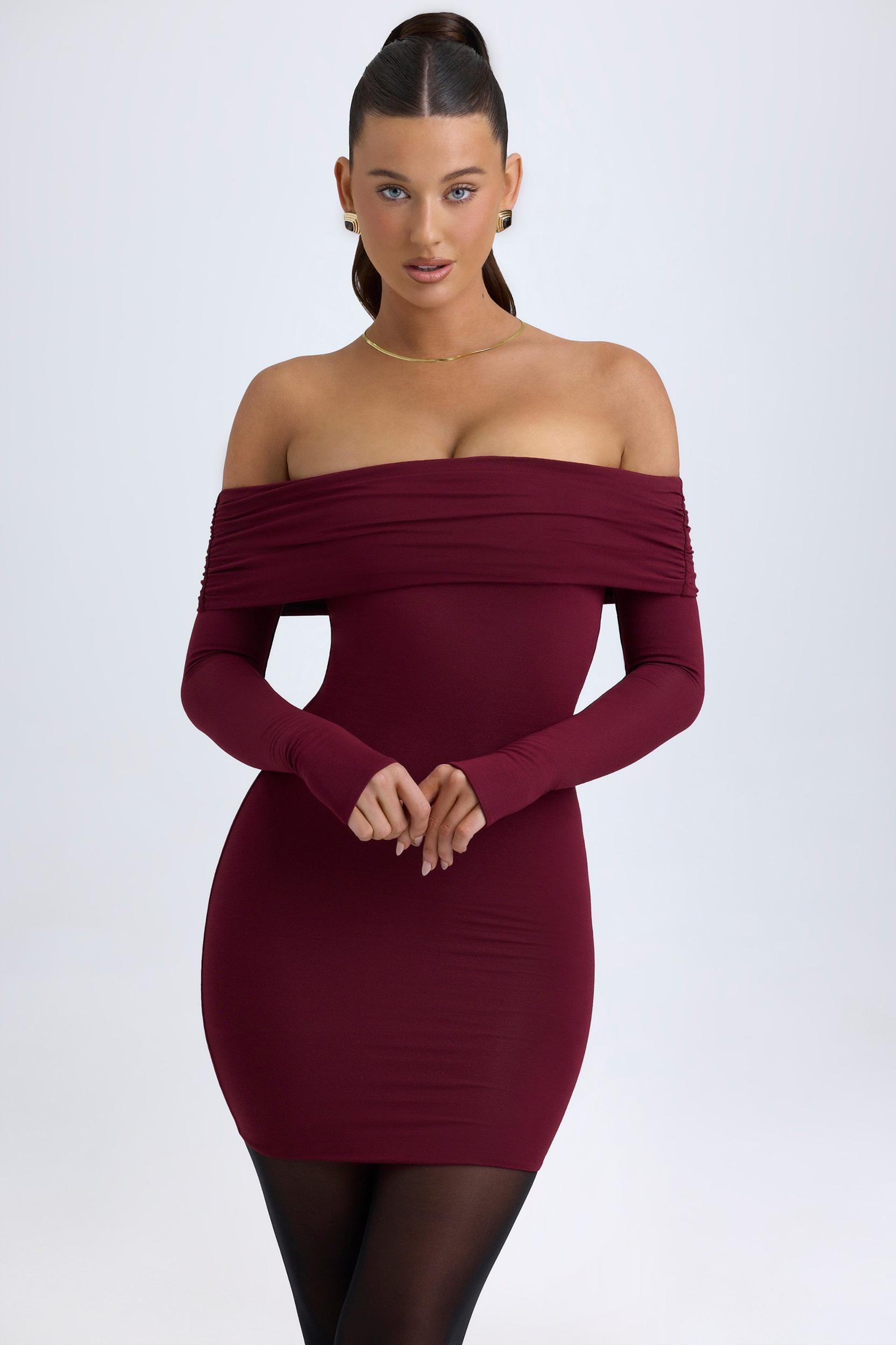 Modal Off-Shoulder Mini Dress in Wine Red Girls Product Image