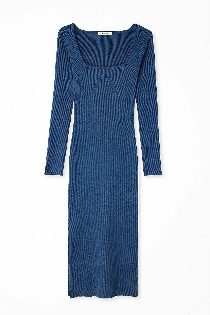 Scoop Neck Midi Slit Dress Brown Product Image