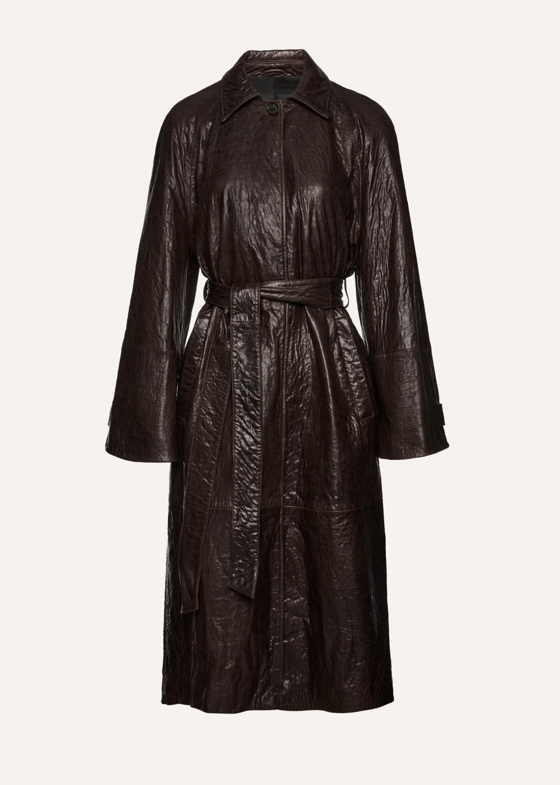 Crinkled leather belted coat in brown Product Image