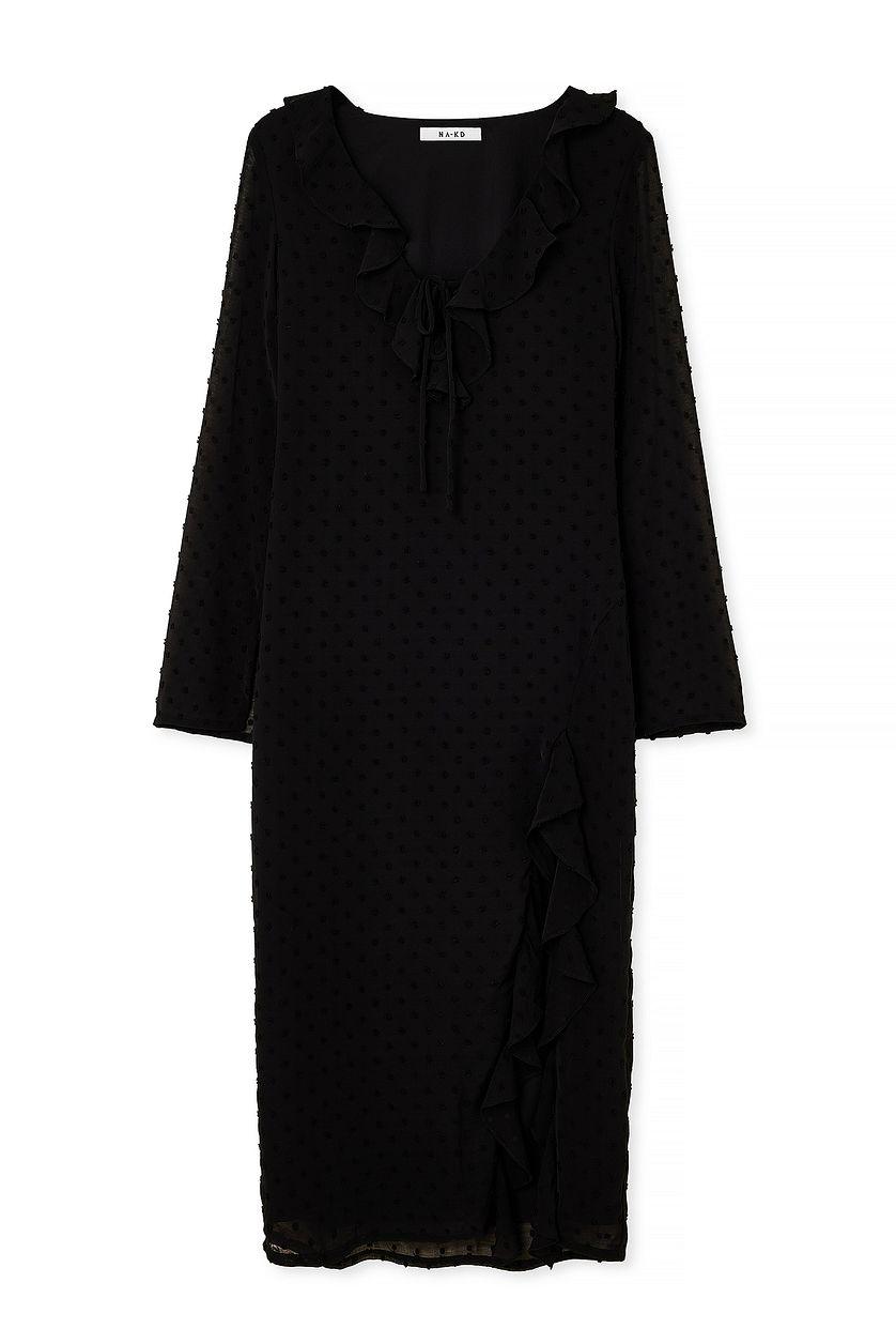 V-Neck Frill Midi Dress Product Image