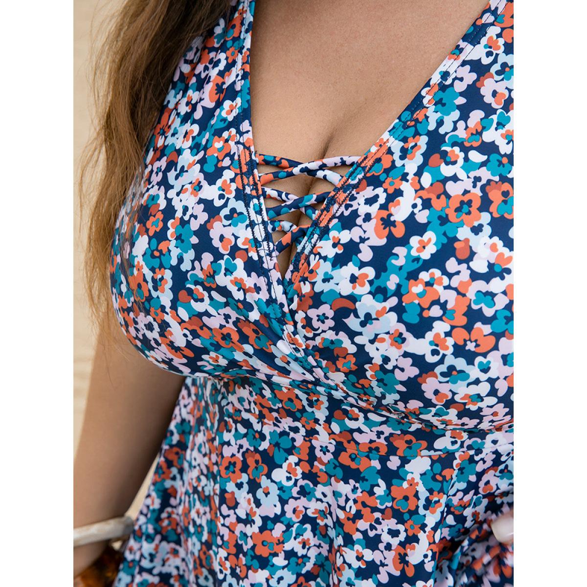 Plus Size Ditsy Floral Wrap Crisscross Swim Dress Women's Swimwear Blue Vacation Bodycon V-neck High stretch Curve Swim Dresses BloomChic 12/L Product Image