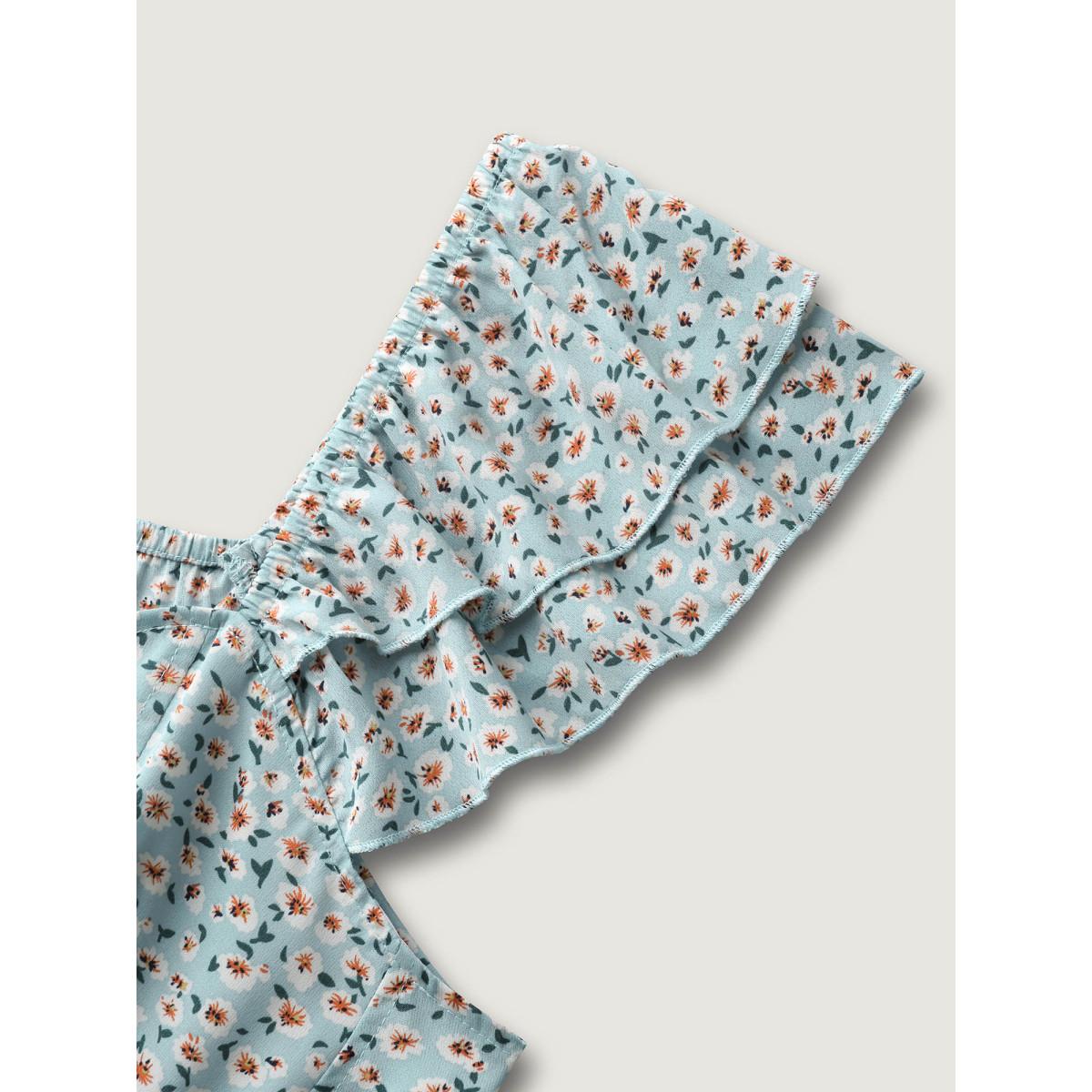 Plus Size Ditsy Floral Print Layered Ruffle Midi Dress Skyblue Women Slit Heart neckline Cap Sleeve Curvy BloomChic 18-20/2X Product Image