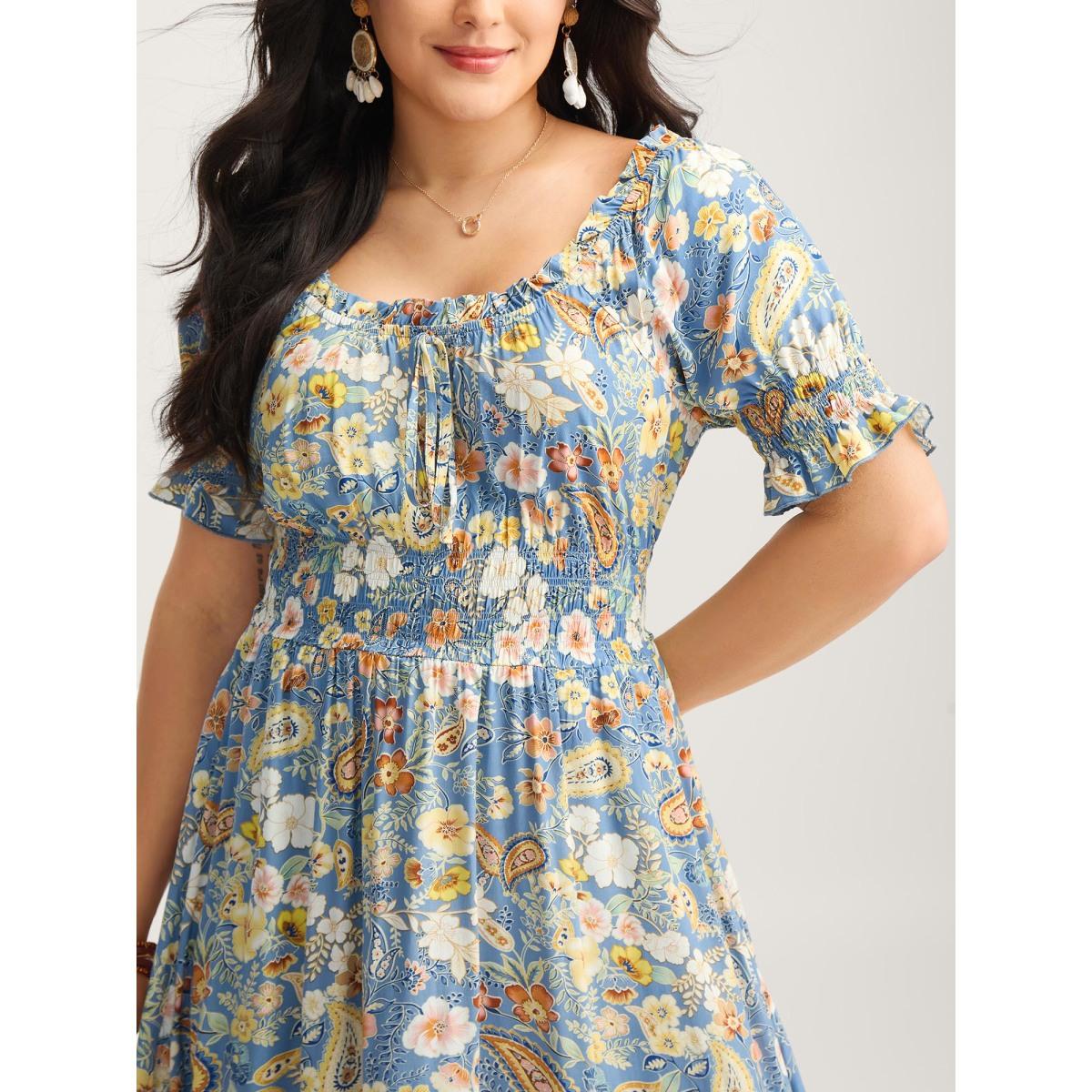 Plus Size Rayon Paisley Ruffled Shirred Waist Midi Dress Skyblue Women Boho Square Neck Short sleeve Curvy BloomChic 22-24/3X Product Image
