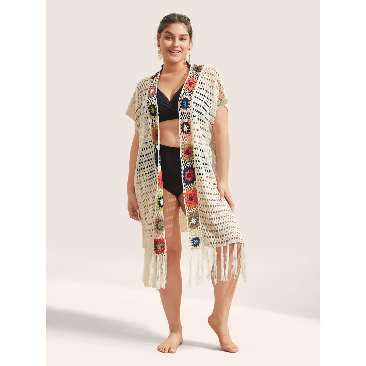 Plus Size Floral Cut Out Tassels Hem Mesh Swim Cover Up Women's Swimwear Ivory Beach Crochet Curve Swim Cover Ups BloomChic 14-16/1X Product Image