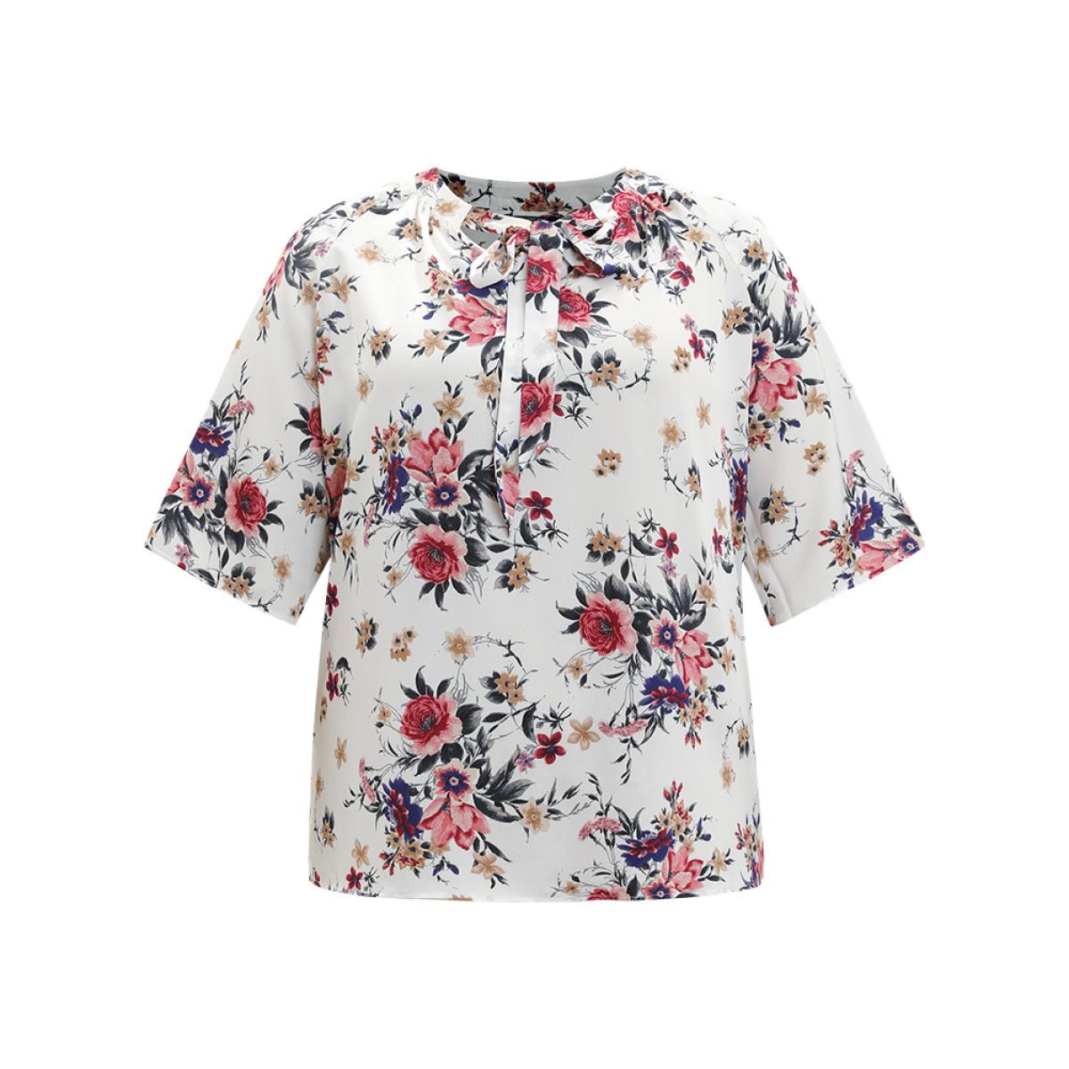 Plus Size Multicolor Floral Print Knot Neck Half Sleeve Blouse Women Elegant Half Sleeve Tie Neck Dailywear Blouses BloomChic 18-20/2X Product Image