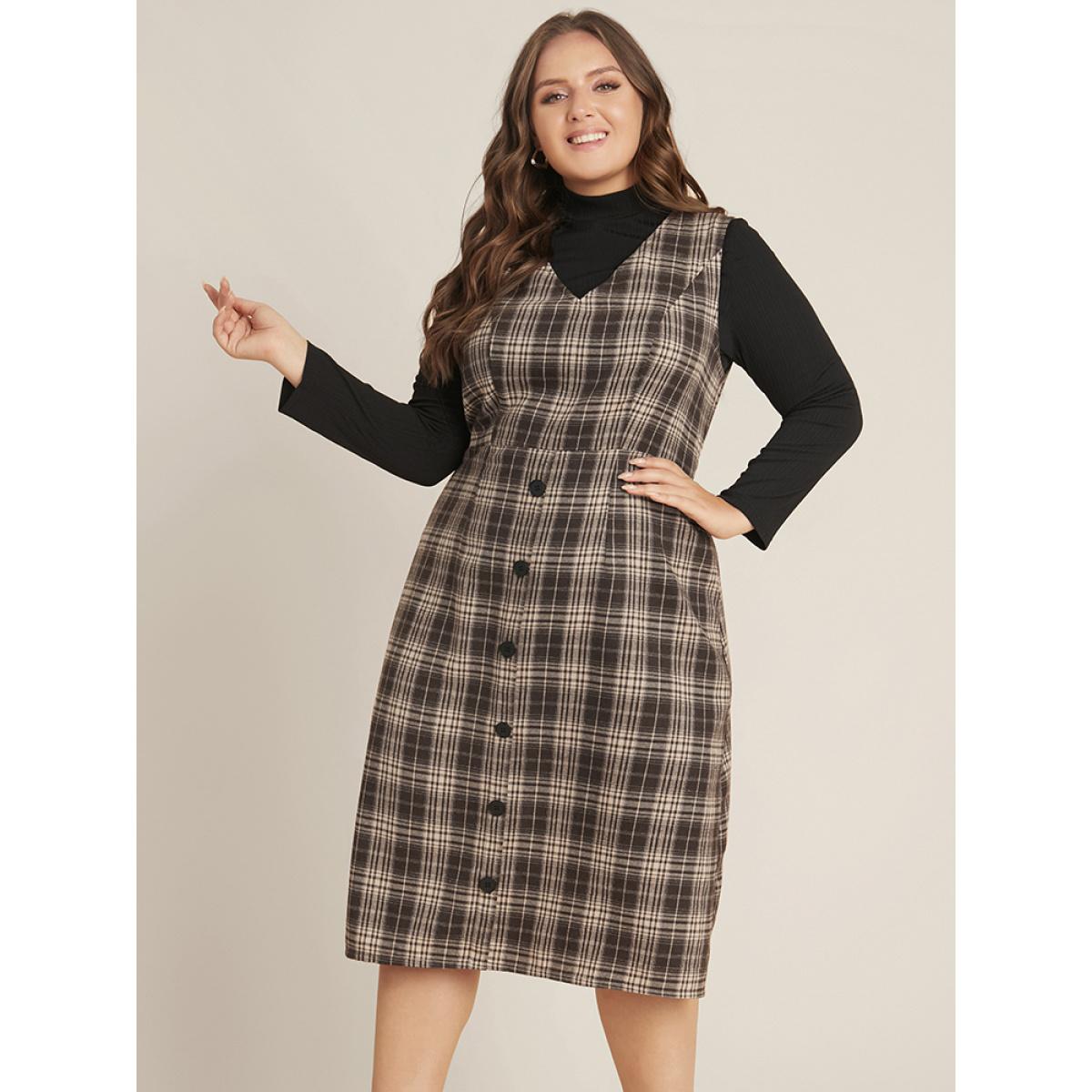 Plus Size Plaid Sleeveless Button Detail Dress Without Sweater DarkBrown Women Office Button V-neck Sleeveless Curvy Midi Dress BloomChic 26/4X Product Image