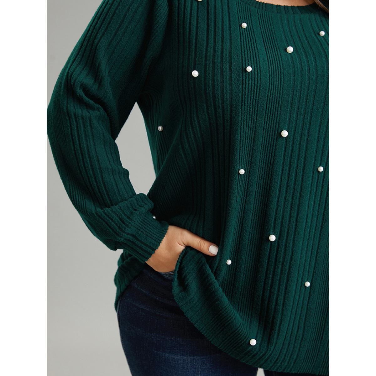 Plus Size Plain Rib Knit Pearl Beaded Sweatshirt Women DarkGreen Elegant Texture Round Neck Dailywear Sweatshirts BloomChic 12/L Product Image