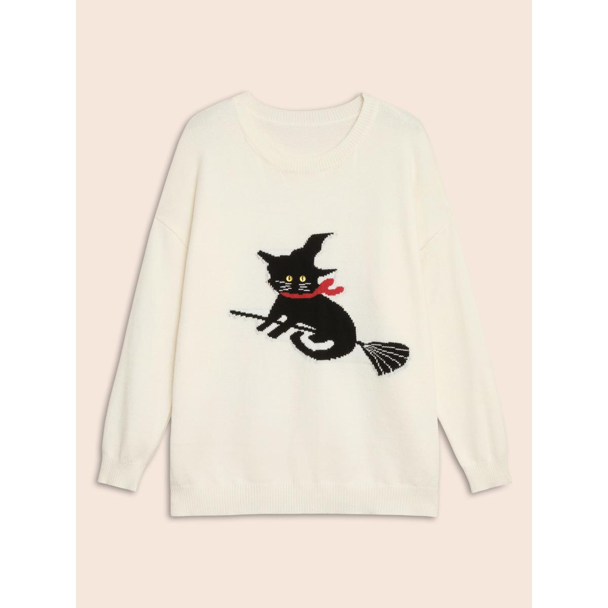 Plus Size Supersoft Essentials Bewitched Cat Crew Neck Pullover Ivory Women Casual Long Sleeve Round Neck Everyday Pullovers BloomChic 30/6X Product Image