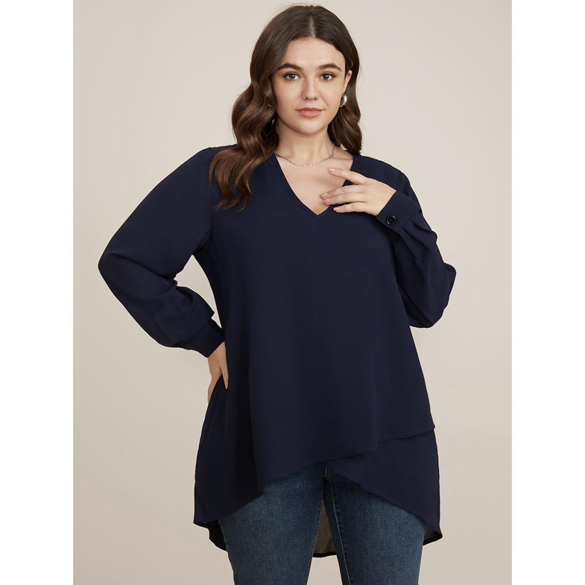 Plus Size DarkBlue Solid V Neck High Low Hem Blouse Women Office Long Sleeve V-neck Work Blouses BloomChic 30/6X Product Image