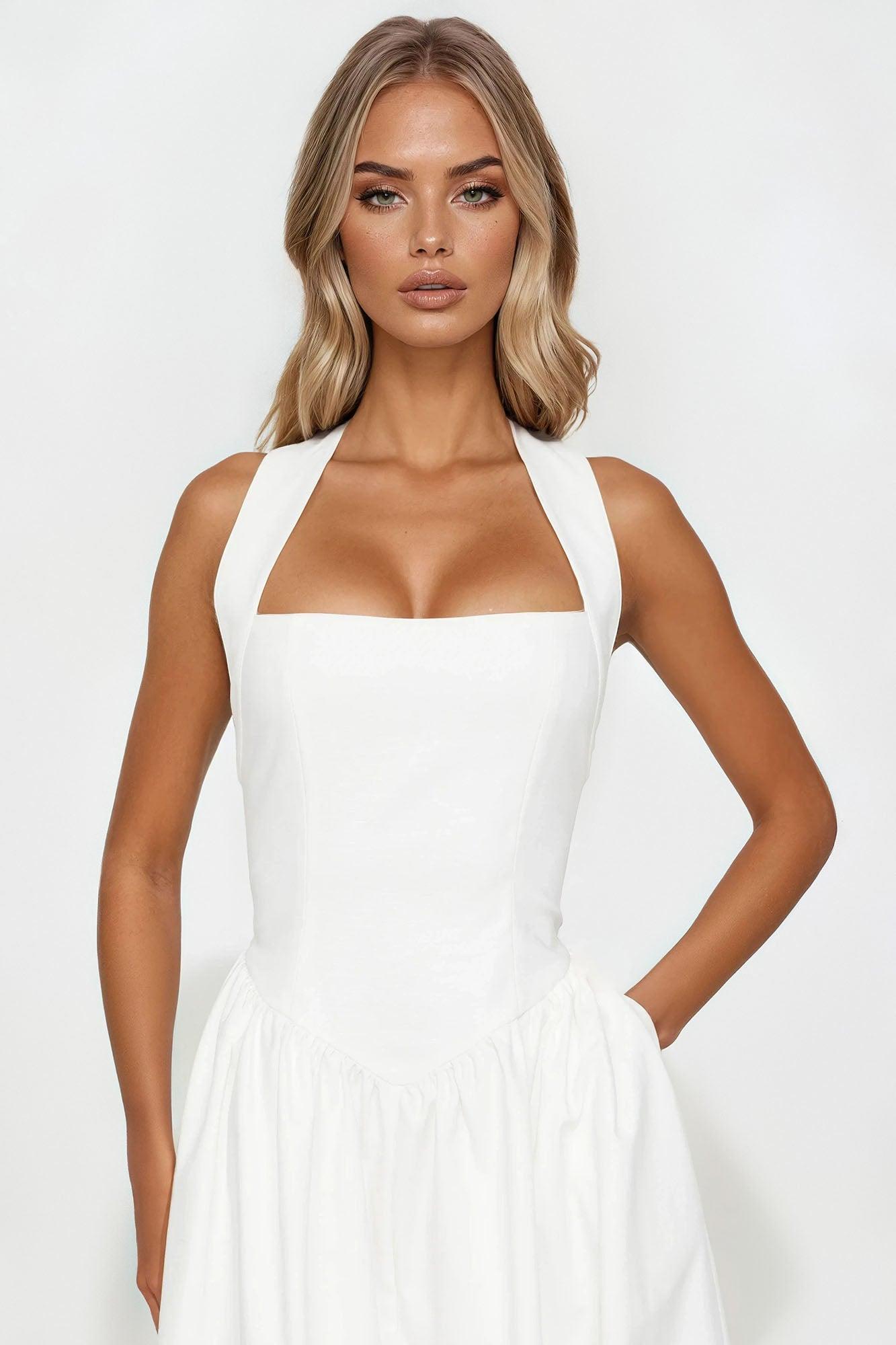 Gabrielle Drop Waist Halter Maxi Dress - White Product Image