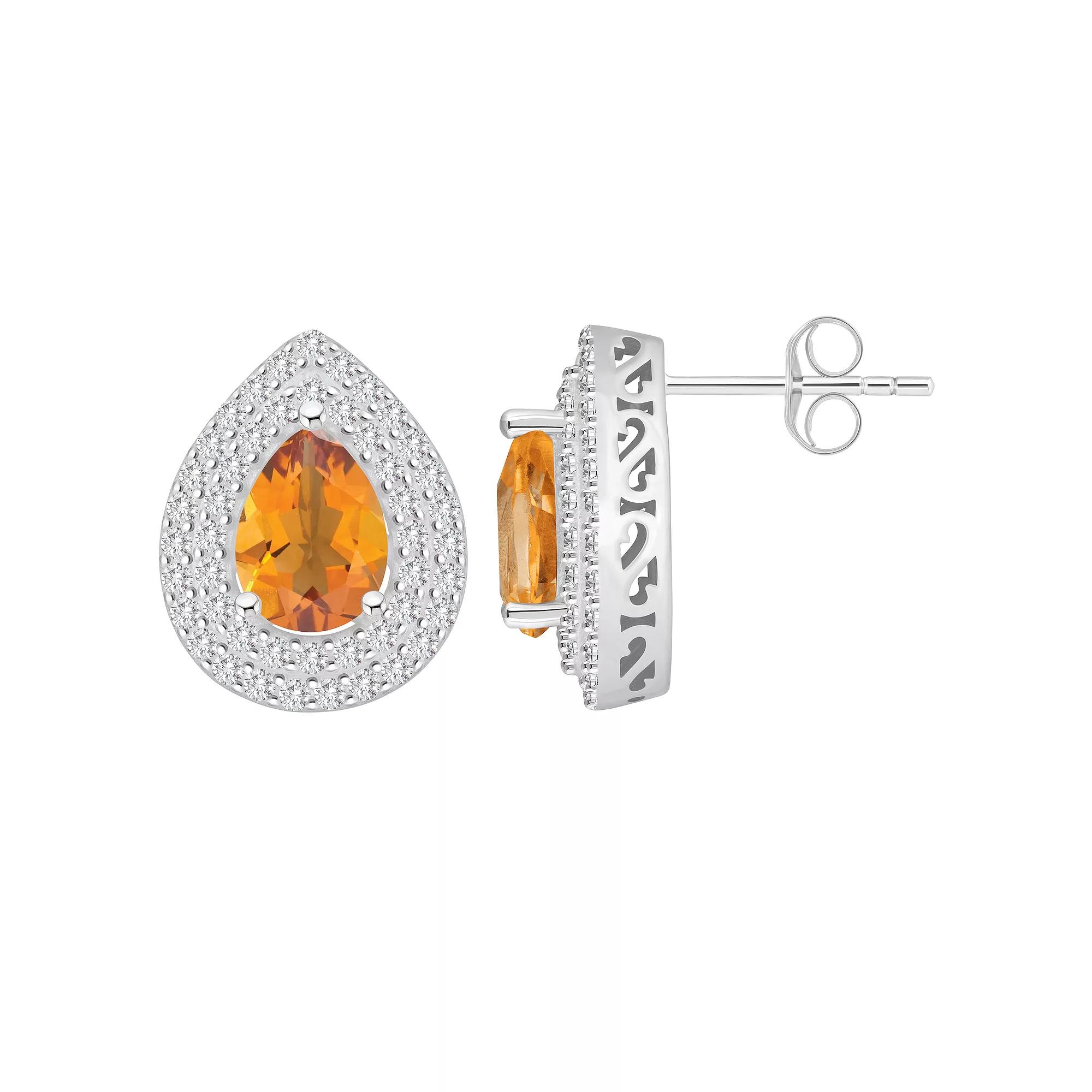 Celebration Gems Sterling Silver Teardrop Citrine & White Topaz Double Halo Stud Earrings, Women's Product Image