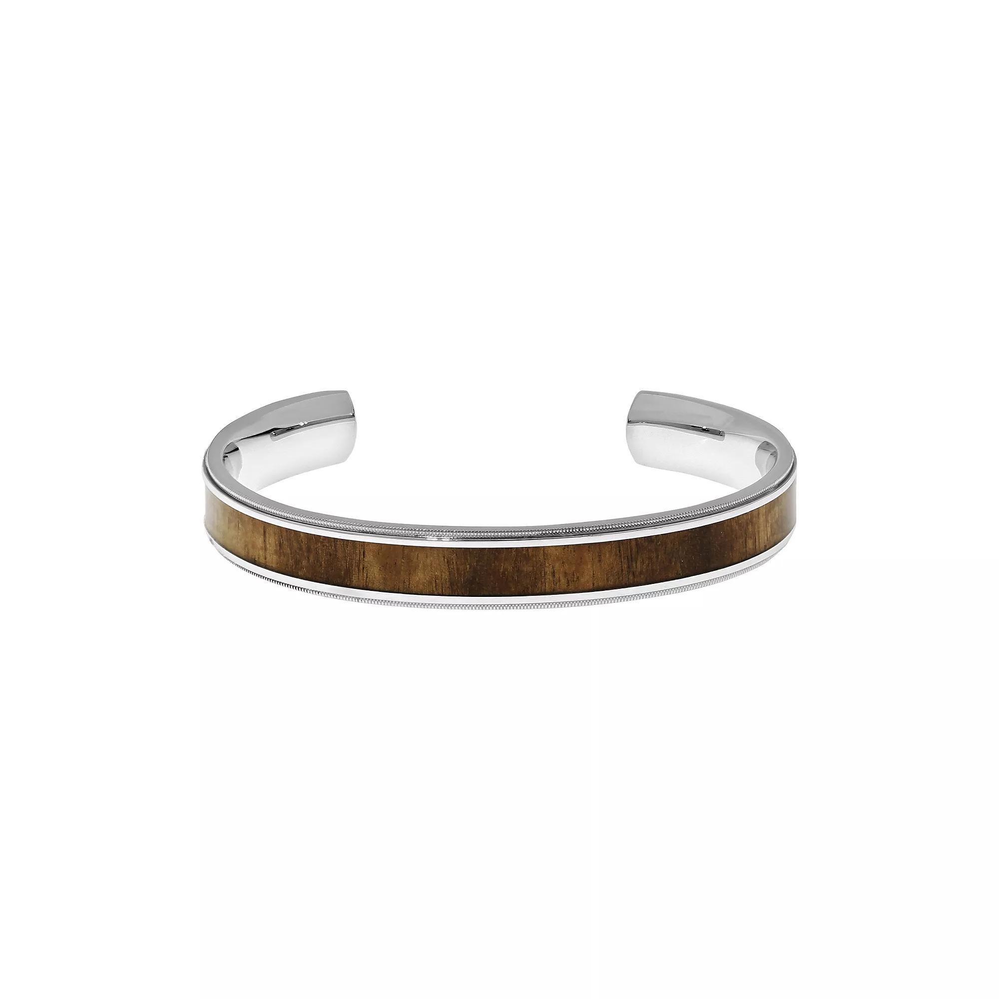 LYNX Stainless Steel Wood Cuff Bracelet - Men, Men's, Brown Product Image