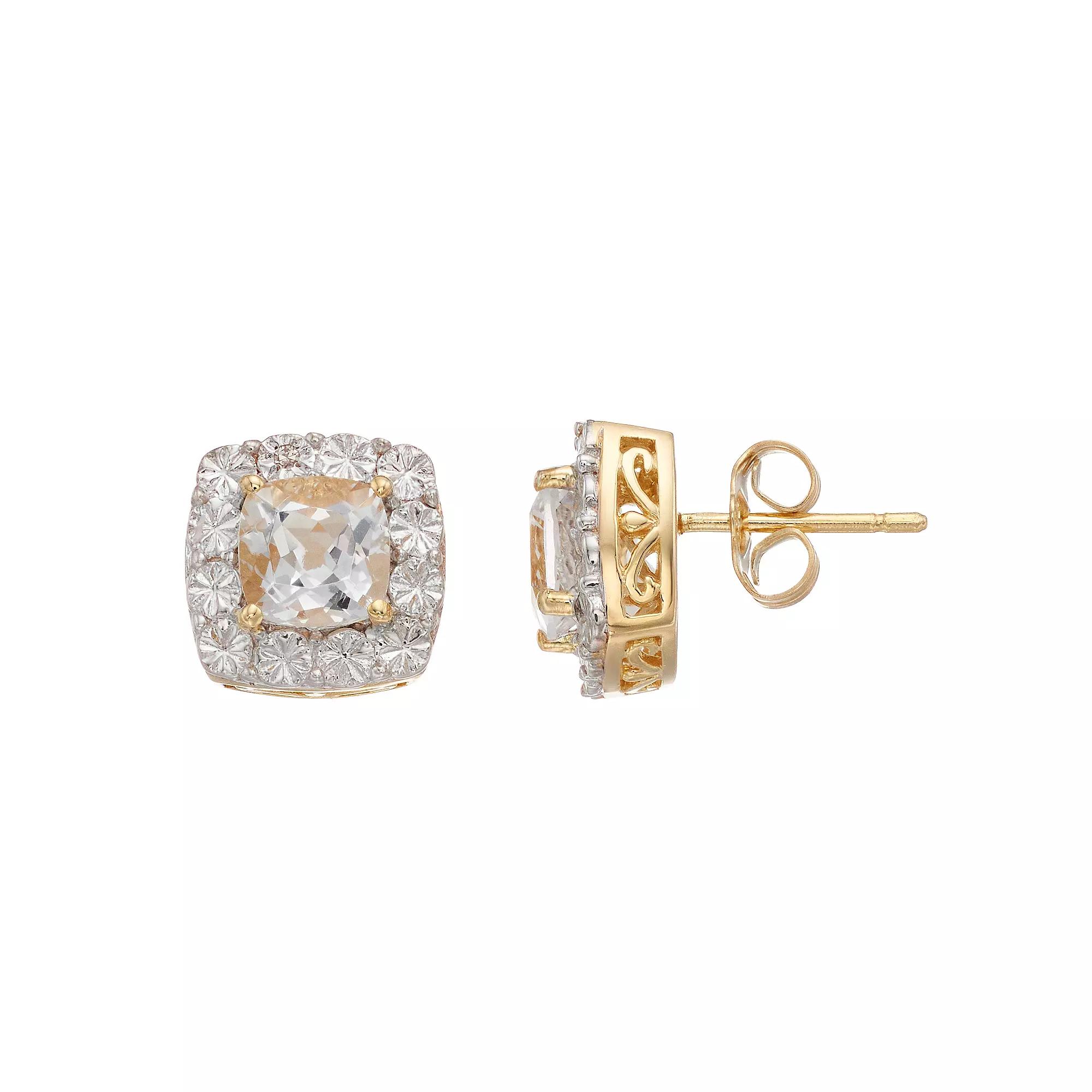 White Topaz & Diamond Accent 14k Gold Over Sterling Silver Square Halo Stud Earrings, Women's, Gold Tone Product Image