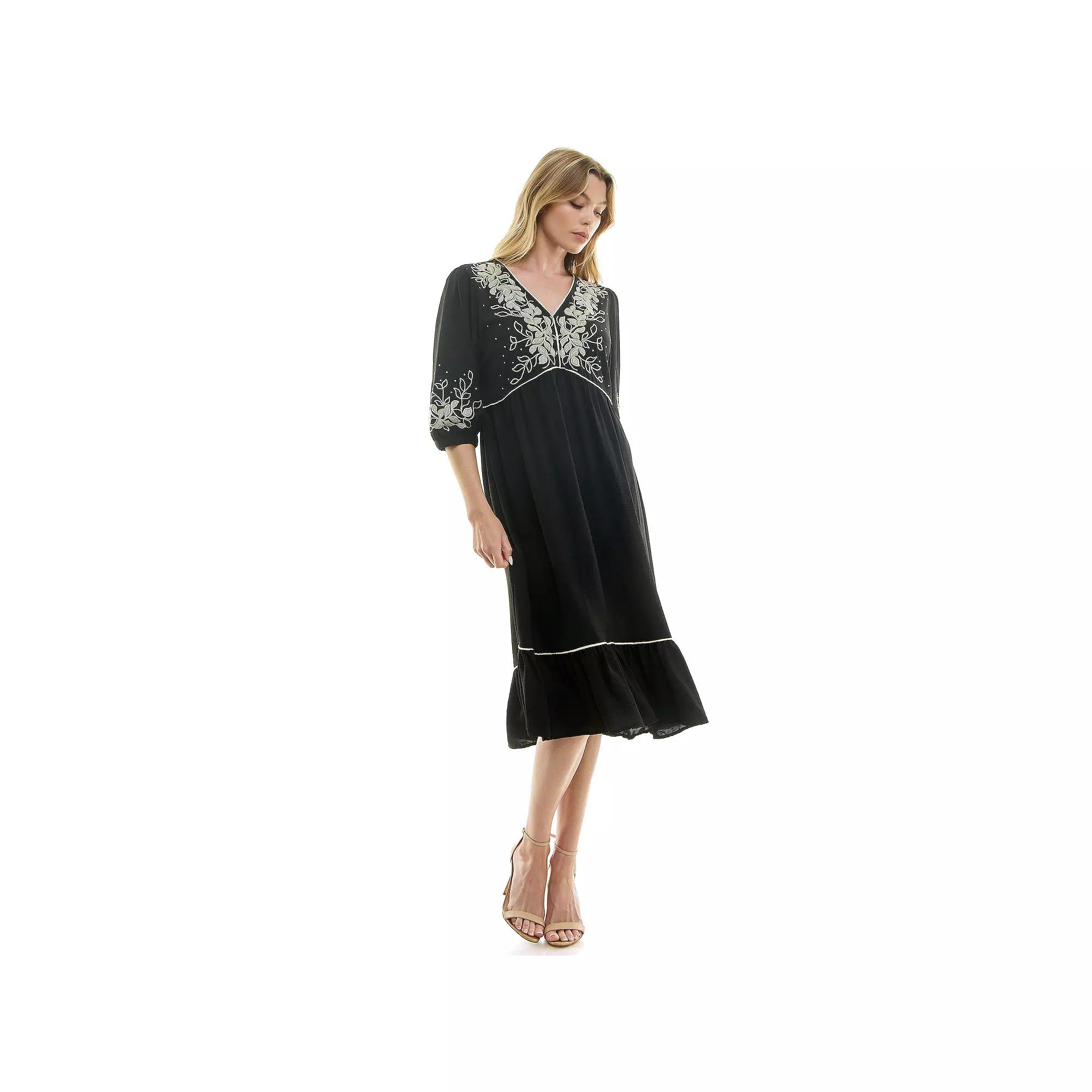 Women's Figueroa & Flower Elbow Sleeve Embroidered Peasant Dress,  Product Image