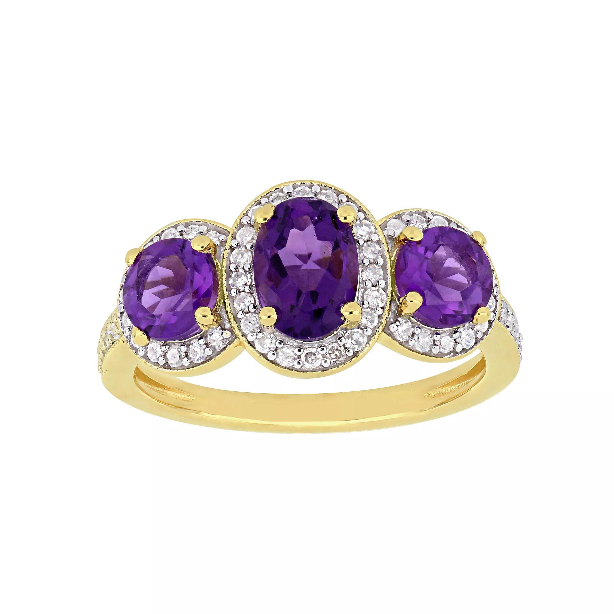 Stella Grace 18k Gold Over Silver Amethyst & 1/3 Carat T.W. Diamond 3-Stone Halo Ring, Women's, Gold Tone Product Image
