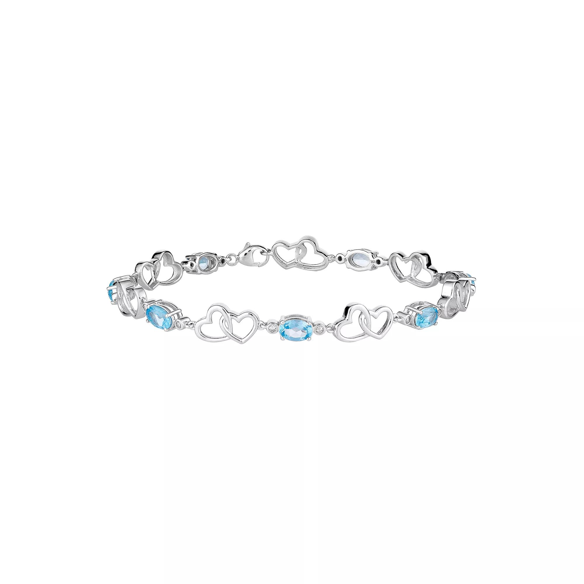 10k White Gold Swiss Blue Topaz & 1/6 Carat T.W. Diamond Double Heart Link Bracelet, Women's, Size: 7.5", 10k Whgold Product Image