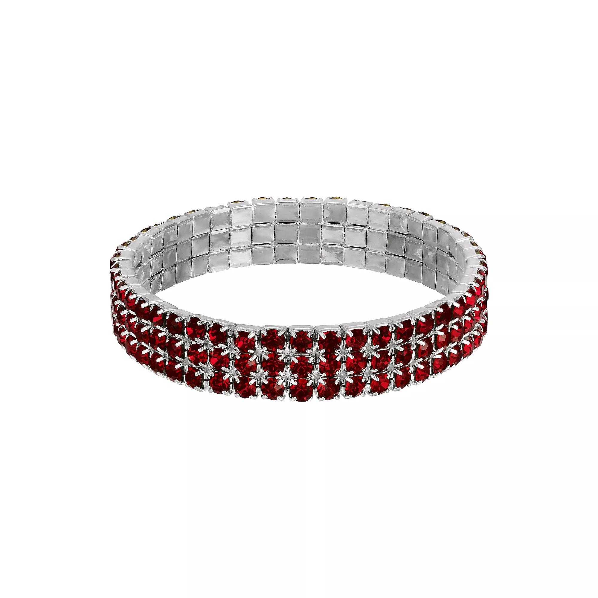 1928 Silver Tone Red 3-Row Rhinestone Stretch Bracelet, Womens Product Image