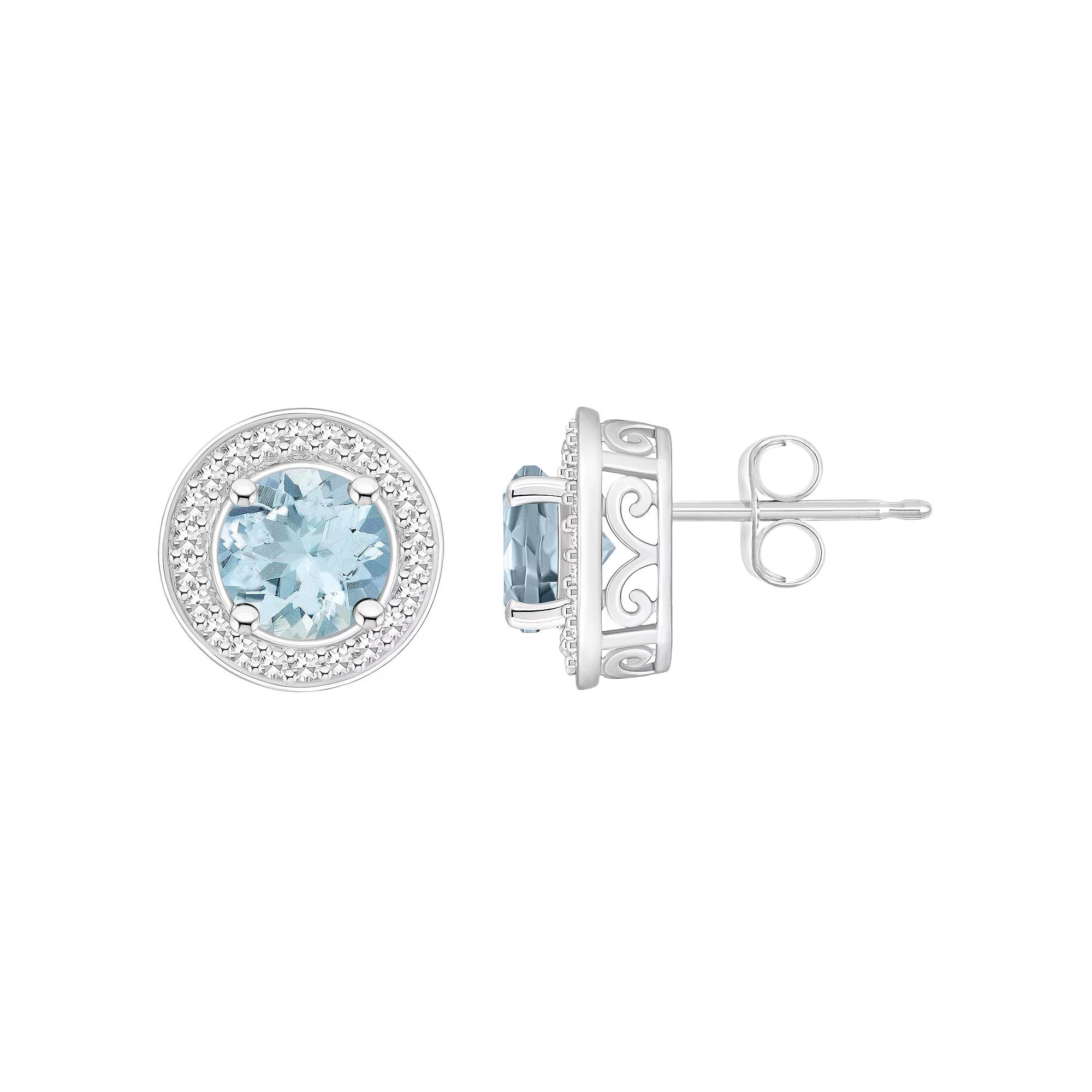 Celebration Gems Sterling Silver Round Gemstone & 1/5 Carat T.W. Diamond Halo Stud Earrings, Women's, Aquamarine Product Image