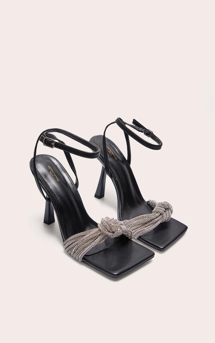 Black PU Wide Fit Square Toe Diamante Knot Barely There Heeled Sandals Product Image